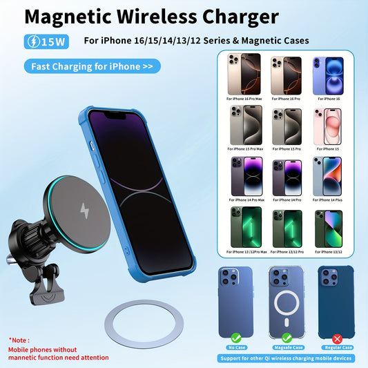 15W Magnetic Car Charger, Featuring a Strong Magnet, This Magnetic Wireless Charging Mount Is Compatible with Iphone 15 Pro Max, 14, 13, 12 Plus. It Is a Qi Car Charger with a Magnetic Design, Allowing for 360° Rotation And