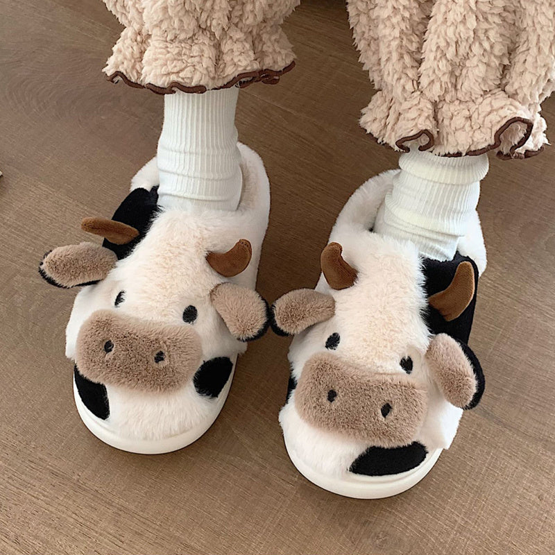 Cute Milk Cow Slippers | Women and Men Fuzzy Slippers, Winter Plush Platform Slides, Indoor Kawaii Shoes, Cartoon Style, Fabric Upper and Insole, TPU Sole