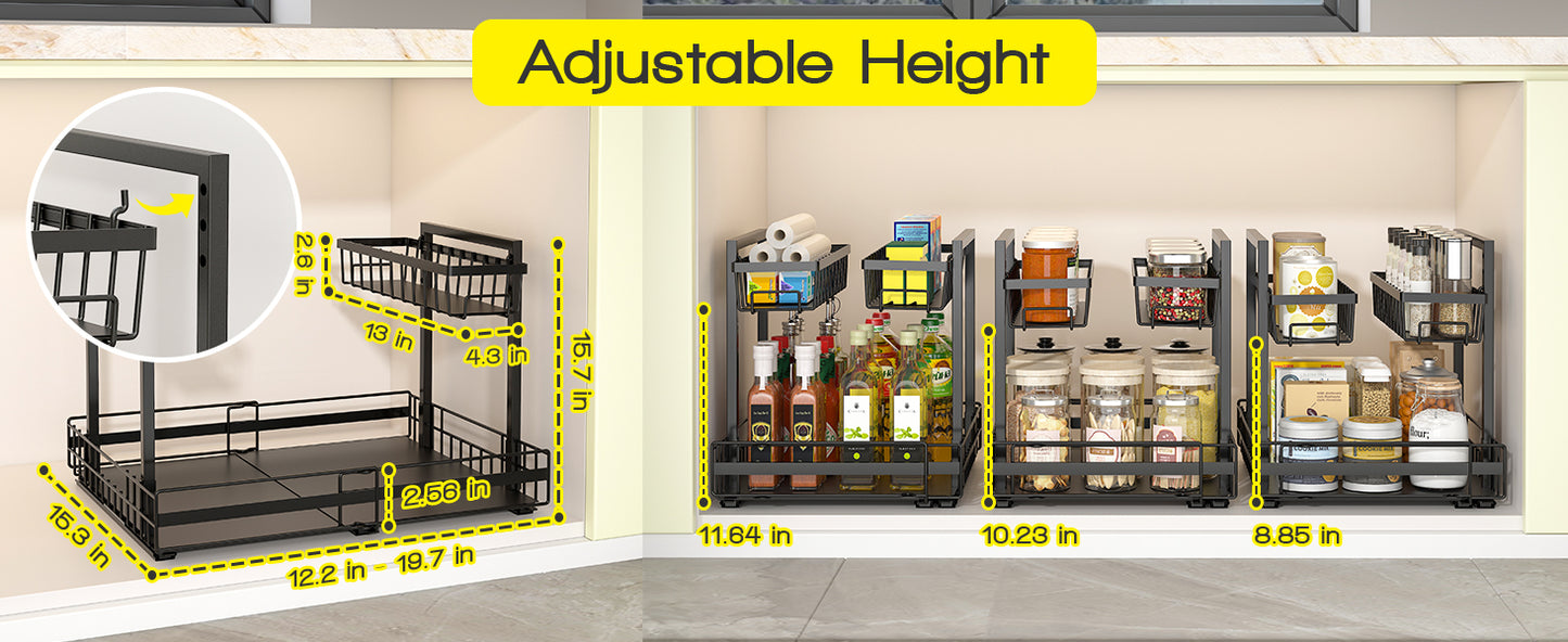 2-Tier Expandable Under Sink Organizer – Adjustable Metal Storage Shelf for Kitchen & Bathroom (Black)