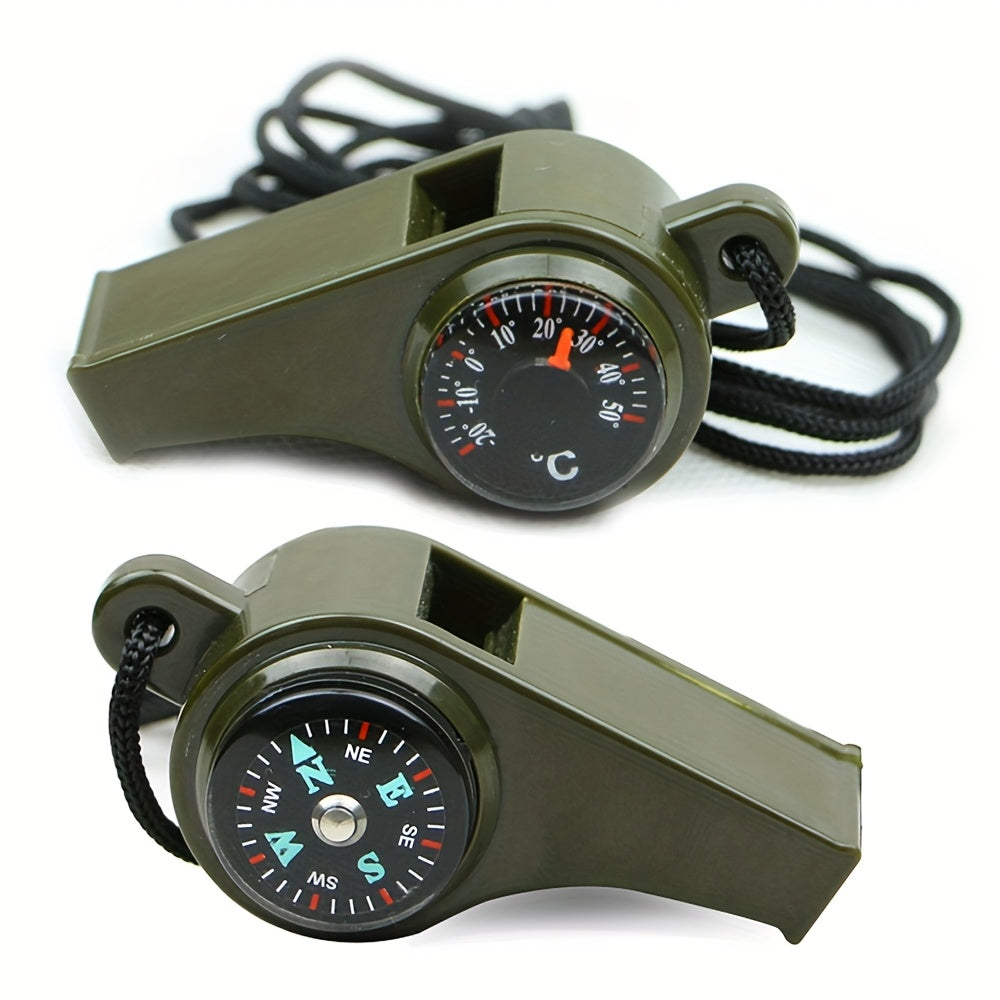 3-in-1 Emergency Whistle with Compass and Thermometer - Perfect for Camping, Hiking, Outdoor Adventures, Refereeing, and Cheerleading - Made of PVC