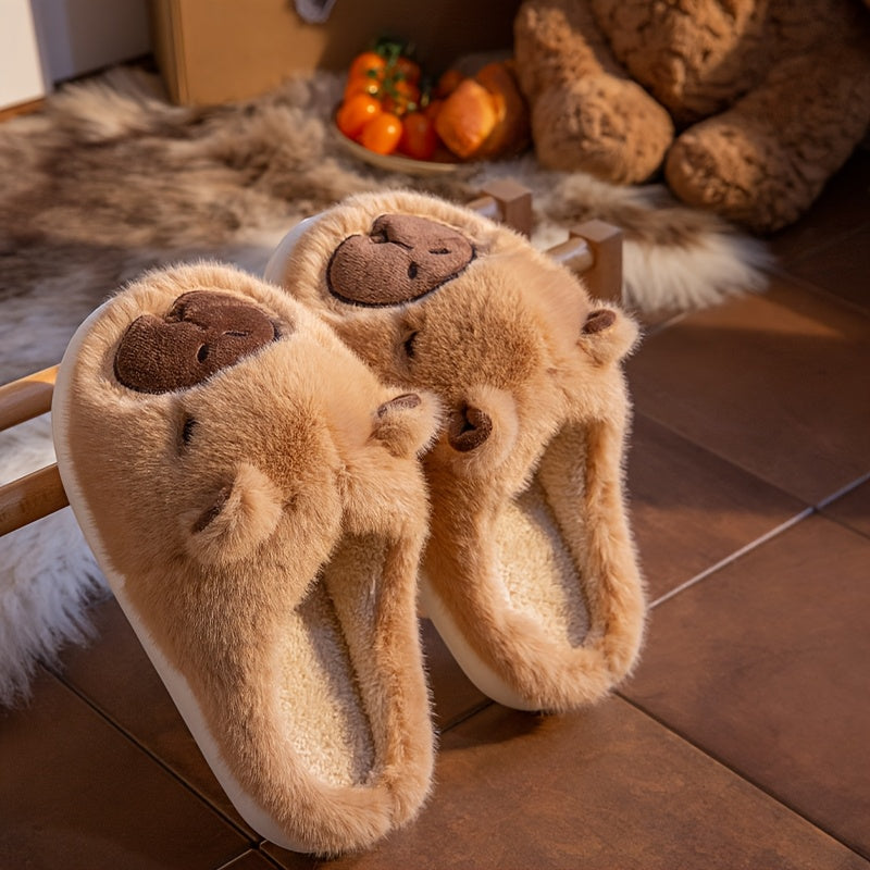 Men And Women Couple'S Anti-Slip Indoor Warm Plush Slippers for Home, Featuring Cartoon Capybara Design for Winter Holidays.