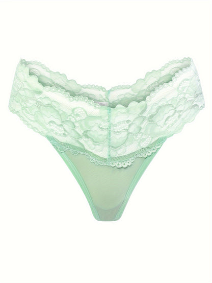 1pc Solid Color Thong, Lace Patchwork, Sexy Underwear, Comfortable And Breathable, Low Waisted Thong, Women's Lingerie And Underwear