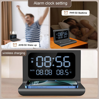 3in 1 Wireless Charger, Time Temperature Display, Alarm Clock for Bedroom Desk, Charging Dock Station for iPhone 16 15 14 13 12 11 Pro Max/Mini/Plus/XR/X/8 AirPods 2/3/4/Pro/Pro 2, AirPods 4/3/Pro/2, for Samsung S25/S23/S22/S