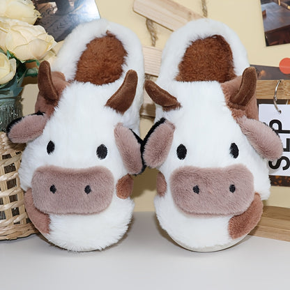 Cute Milk Cow Slippers | Women and Men Fuzzy Slippers, Winter Plush Platform Slides, Indoor Kawaii Shoes, Cartoon Style, Fabric Upper and Insole, TPU Sole