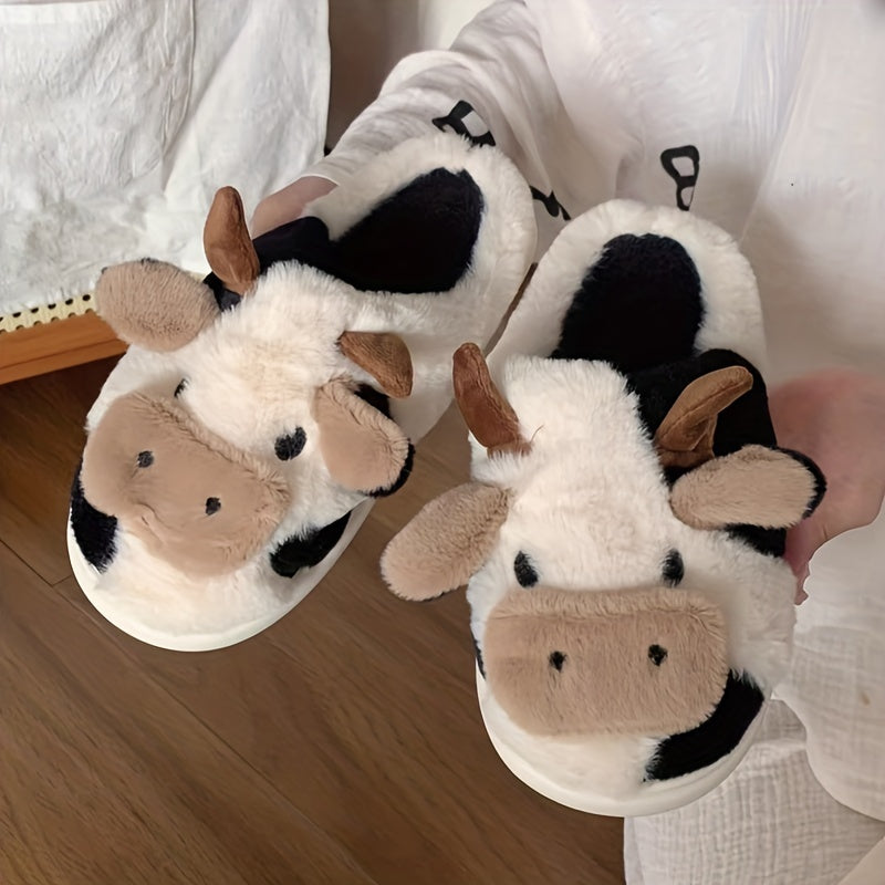 Cute Milk Cow Slippers | Women and Men Fuzzy Slippers, Winter Plush Platform Slides, Indoor Kawaii Shoes, Cartoon Style, Fabric Upper and Insole, TPU Sole