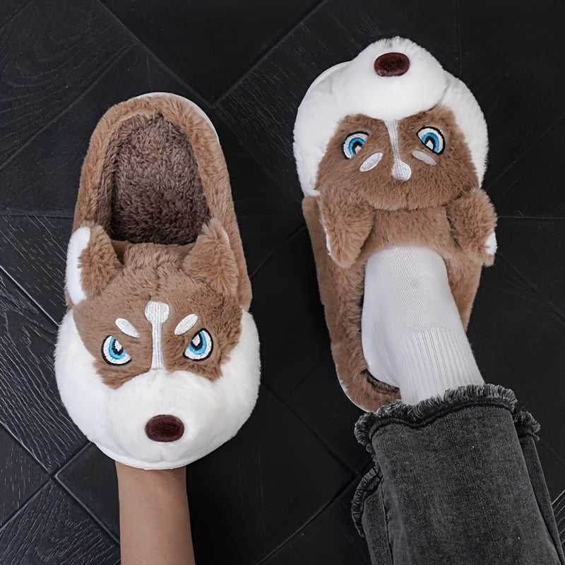 Adorable Husky-Shaped Plush Slippers for Men & Women - Soft, Durable, Warm & Cozy Indoor/Outdoor Wear, Brown & White Cartoon Design, Slip-On Style, Perfect for Fall/Winter Season, Cozy Home Shoes | Trendy Slippers | Durable S