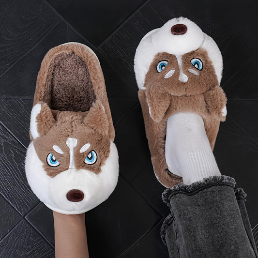 Adorable Husky-Shaped Plush Slippers for Men & Women - Soft, Durable, Warm & Cozy Indoor/Outdoor Wear, Brown & White Cartoon Design, Slip-On Style, Perfect for Fall/Winter Season, Cozy Home Shoes | Trendy Slippers | Durable S