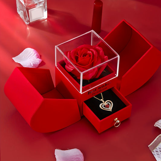 A Luxurious Necklace Set for a Romantic Valentine'S Day Date, Including a Red Rose Gift Box to Express Love for Your Wife, Partner, Or Girlfriend; an Elegant And Charming Gift