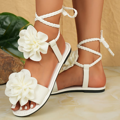 Fashion 3D Floral Woven Lace-up Women'S Sandals | Summer Roman Style, Strappy Back, Open Toe, Synthetic, Low Heel, All-season