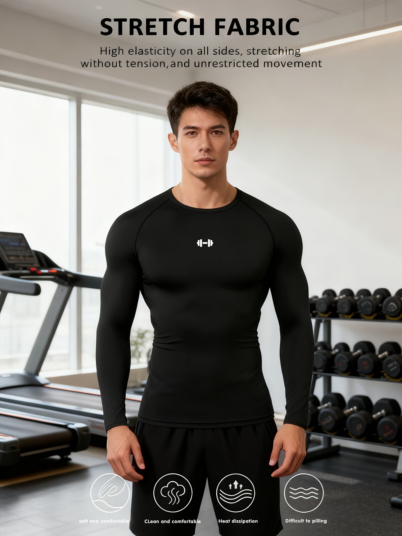 Men's Athletic T-Shirt, Sporty Body-Hugging Fit with High Elasticity, Crew Neck, Long Sleeve, Suitable for Hiking, Jogging, Cycling, and Outdoor Fitness Workouts